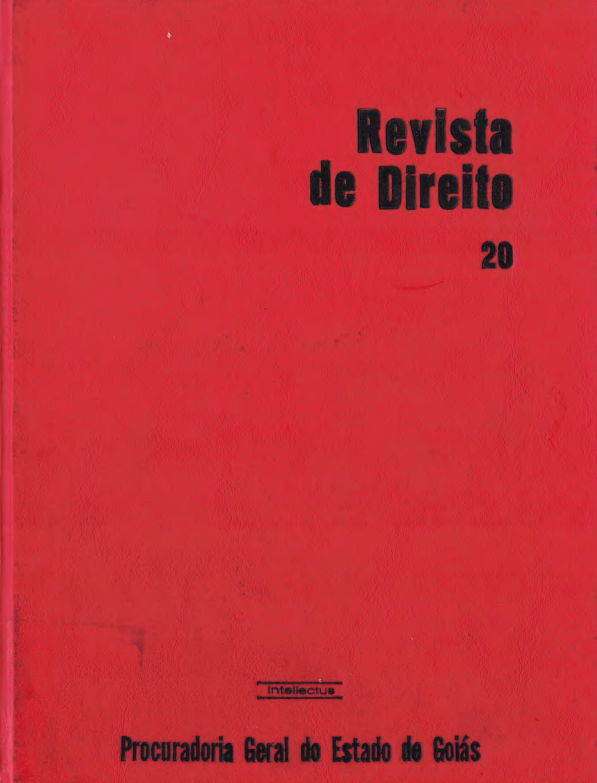 Capa da 20ª edição da Revista de Direito da Procuradoria-Geral do Estado de Goiás, com fundo vermelho. No canto superior direito, aparece o título “Revista de Direito” e o número “20”. Na parte inferior, está o nome da editora “Intellectus” e a identificação “Procuradoria Geral do Estado de Goiás”.