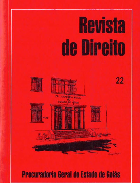 Capa da 22ª edição da Revista de Direito da Procuradoria-Geral do Estado de Goiás, com fundo vermelho e uma moldura branca ao redor da capa. Na parte superior direita, aparece o título “Revista de Direito” e o número “22”. No centro, há uma ilustração em preto e branco da fachada de um edifício identificado como Procuradoria-Geral do Estado de Goiás, com o número “26” na fachada. Na parte inferior, aparece a identificação “Procuradoria Geral do Estado de Goiás”.